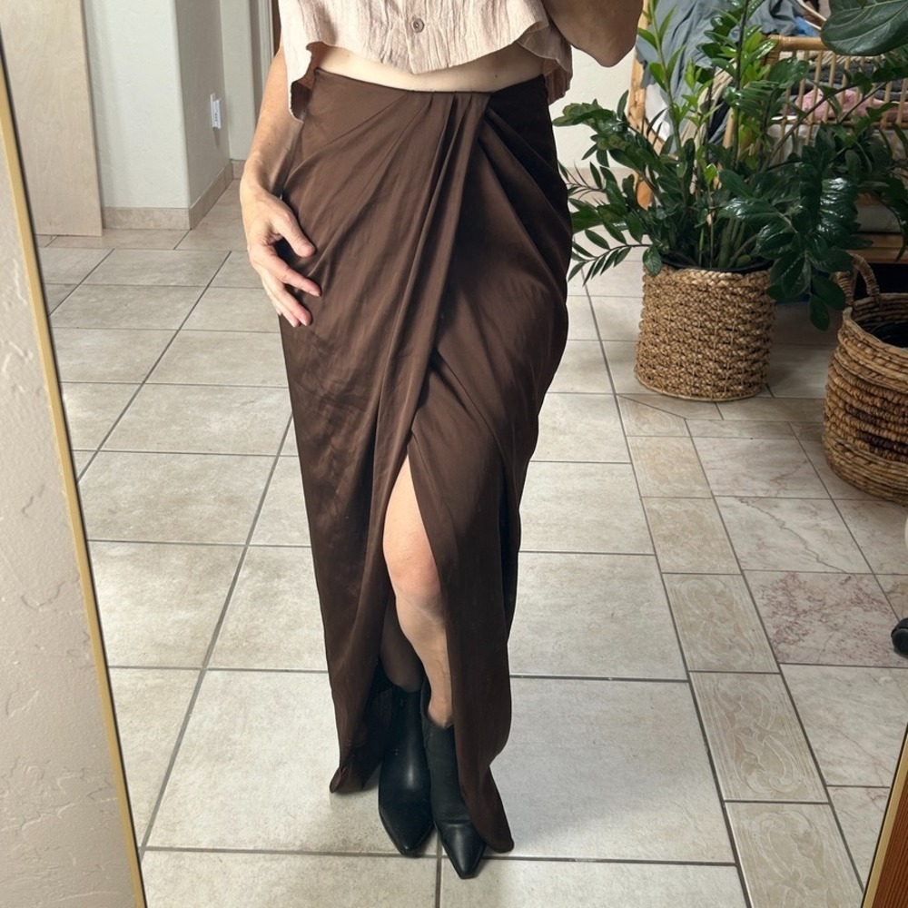 Y2K Chocolate Brown Satin Draped Maxi Skirt High Low Ruched Asymmetrical S